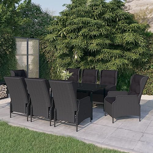 Kaloriko 9-TLG. Garten-Essgruppe Dunkelgrau, verstellbare Rattan-Sessel mit Glas-Tisch, wasserfestes Outdoor-Möbelset für Terrasse und Balkon