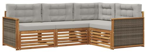 vidaXL Outdoor-Sofagarnitur mit Kissen 4 pcs Natürlich und Hellgrau, Patio Lounge, modernes Outdoor-Sofa, wetterbeständige Eckbank, robuster Gartenmöbel, Bequeme Terrassenbestuhlung