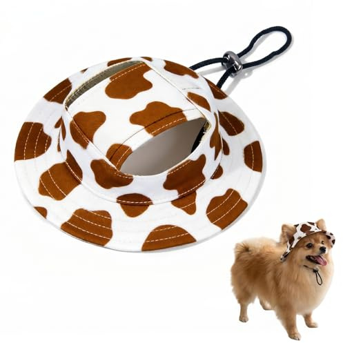 ITCGOB Sonnenhut Hund M, Hunde Cappy mit Ohrlöchern, Verstellbare Hundemütze für kleine Hunde & Katzen, Sonnenschutz Hunde Hut mit Kuhmuster, Atmungsaktive Hunde Kappe für Outdoor, Kaffee-Weiß