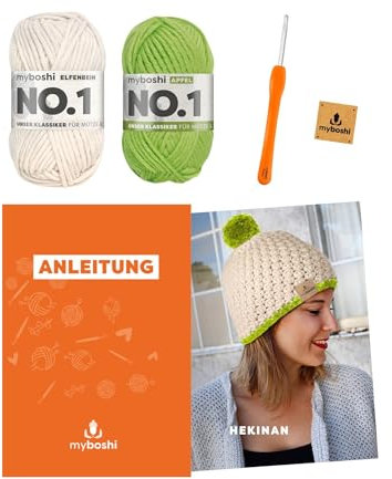 myboshi Häkelset Mütze Hekinan, Häkelset für Fortgeschrittene, inkl. No.1 Wolle, Anleitung, Label, 30% Wolle (Merinowolle) Grün mit Häkelnadel
