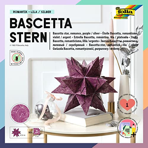 folia 400/1515 - Bastelset Bascetta Stern Winterornament lila/silber, 32 Blatt, 15 x 15 cm, fertige Größe des Papiersterns ca. 20 cm, mit ausführlicher Anleitung - ideal zur zeitlosen Dekoration