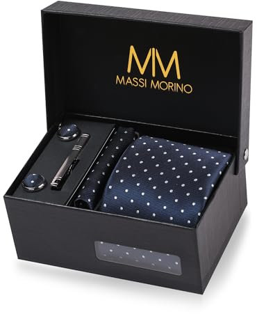 Cravate Hommes Pointillé Bleu foncé et mouchoirs de poche, boutons de manchette et Pinces à cravates | Coffret cadeau | Accessoires de Fete de Mariage