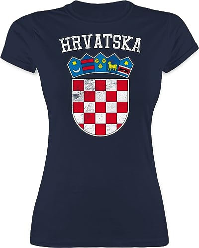 Shirt Damen - Fußball EM WM - Kroatien Wappen Hrvatska Krotatisch - XXL - Navy Blau - Croatia Trikot fußballtrikot Europameisterschaft Croatian für Frauen kroatische Tshirt wm-Shirts Fussball