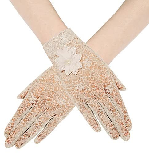 BABEYOND Damen Lace Satin Braut Hochzeit Spitze Handschuhe Opera Fest Party Handschuhe 1920s Kostüm Accessoires (Kurz Blume Beige)