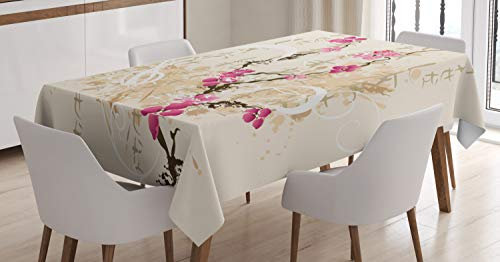 ABAKUHAUS japanisch Tischdecke, Letters Sakura Blumen, Personalisierter Druck mit Klaren Farben Waschbar Wasserfest kein Verblassen, 140 x 200 cm, Beige Rosa