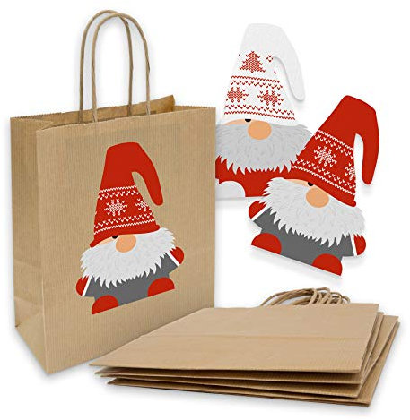 10x itenga Geschenktüten Wichteln - Papiertüte mit Kordel + Aufkleber Wichtel Wichtelbande Geschenktüten mit Kordel 18x8x22cm 90g braun Kraftpapiertüten Kraftpapierbeutel mit Griff mittlere Größe