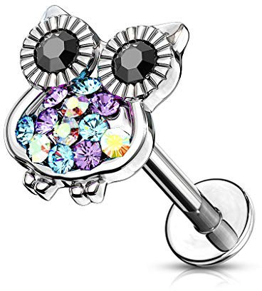 BlackAmazement 316L Edelstahl Labret Monroe Tragus Helix Ohrstecker 6mm 8mm Eule Owl Zirkonia CZ Damen (Stablänge 6 mm)