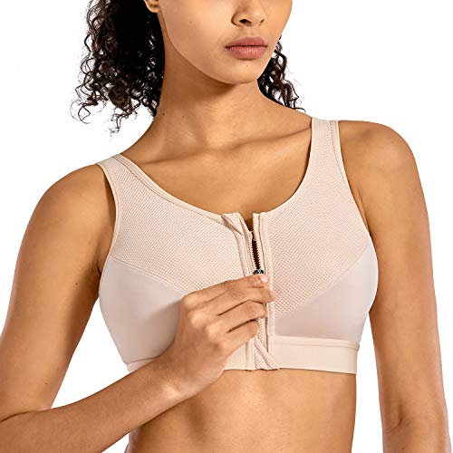 SYROKAN Women's Sports Bra High Impact Front Fastening Zipper Wireless Post Surgery Support Workout Bra Beige 34F