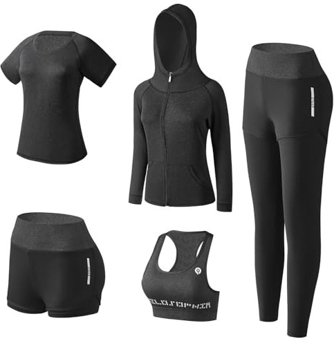 BOTRE Damen Traingsanzug Yoga Kleidung Anzug 5er-Set Sportanzüge Jogginganzug Gym Fitness Kleidung Laufbekleidung Sportswear Sport Yoga Outfit Damen BH Leggings Set (Schwarz, Medium)