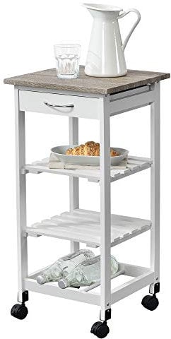 [en.casa] Carrello di Servizio in MDF con Ripiani Cassetto e Portabottiglie Portavivande da Cucina/Mense con 4 Ruote Catering Ristorazione - Bianco e Color Legno