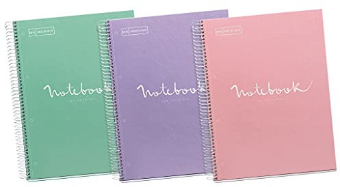 Miquelrius 3er-Pack Notizbücher A5 (80 Blatt) mit 5 mm Spitzen, Punkte, 90 g, mikroperforiert, Rand - 2 Löcher und Farbstreifen, extra starker Karton in Pastellfarben, Set