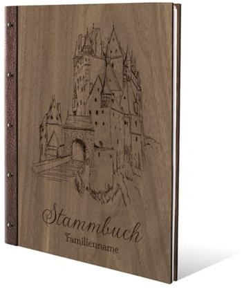 Stammbuch Gravur individuell Nussbaum Holz Cover mit Echtleder Rücken inkl. vorgedruckte Seiten und Klarsichthüllen DIN A4 (240 x 310 mm) - Mittelalter Burg