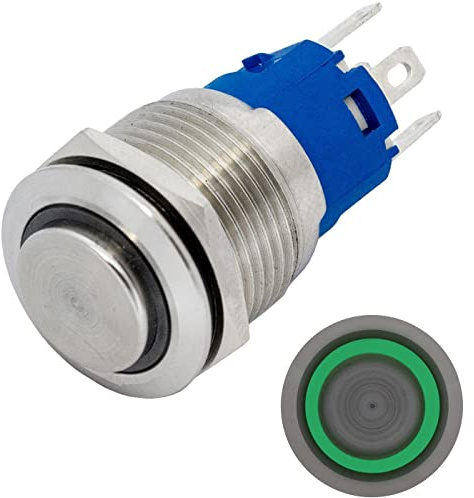 Lumonic Edelstahl Druckschalter erhaben 19mm Durchmesser I Mit einer Ring LED in Grün Maße: 2,8x0,5mm Pin s 250V 3A I Vandalismussicher nach dem IP65 Standard