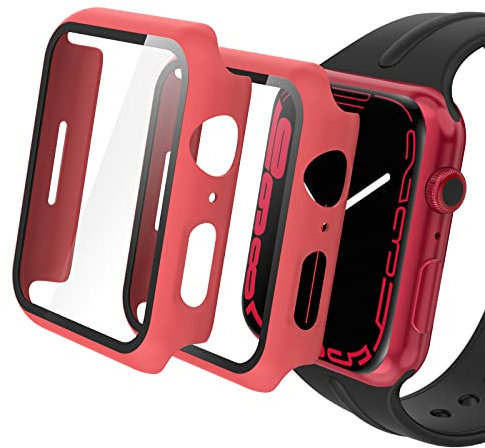 Hianjoo 2 PCS Cover con Vetro Temperato Compatibile per Apple Watch 45 mm Series 8 (2022)/ Series7 (2021), Pellicola Proteggi Schermo PC Custodia Compatibile con Apple iWatch 45mm Series 8/7- Rosso
