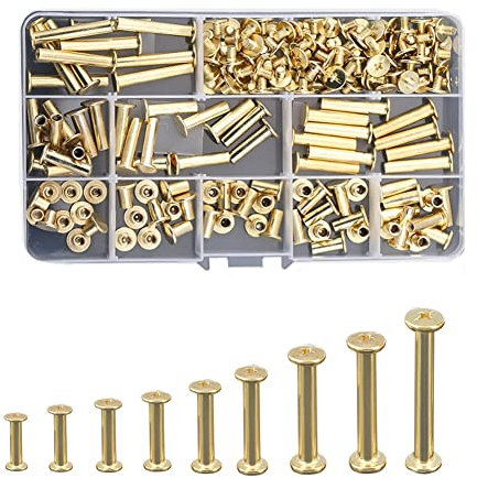 CONPHERON 90 Sets di Viti per Rilegatura Ottonato 9 Dimensioni Perni Tondi in Metallo Perni per Viti Rivetto per Chiodi per Rilegatura in Pelle (5 x 6/8/10/12/15/18/20/25/30 mm)