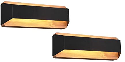 meineWunschleuchte LED Wandleuchten 2er SET aus Holz & Metall Schwarz, Breite 35cm
