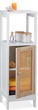 Relaxdays Bathroom Cabinet, 3 Compartments, HWD: 96.5 x 30 x 30 cm, Narrow Storage Unit with Rattan Door, White/Natural, Fibreboard