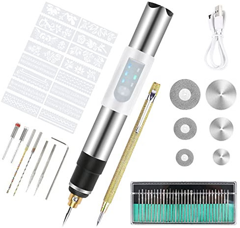 Elektrischer Gravierstift, Wiederaufladbarer Gravierwerkzeugsatz, Kabelloses Graviergerät mit Bohrern, Schablonen zum Schnitzen und Reißnadel von Glas, Holz, Metall, Stein, Kunststoff, Nägel, Schmuck