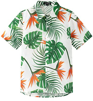Spring&Gege Jungen Kurzarm Hawaiihemd Cartoon Print Unisex Button Down Lustig Shirts, Monstera/orange Blume, 152-158