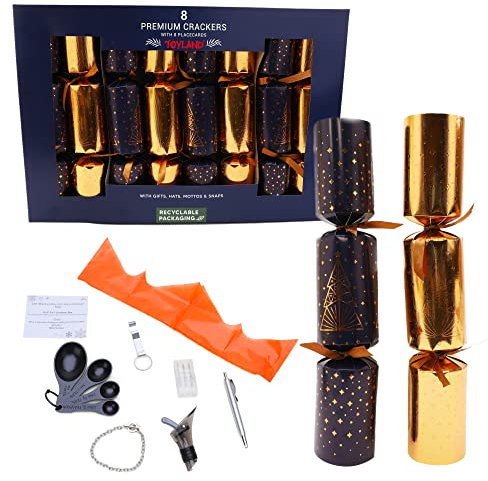 Toyland® 8 Midnight Blue & Gold Tree Design Premium Christmas Crackers With Placecards – Gifts, Hats, Mottos & Snaps Included