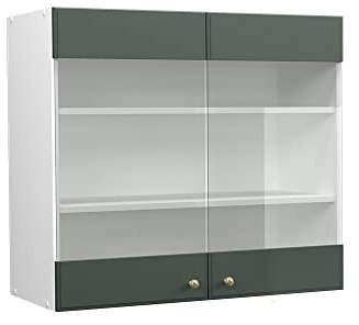 Vicco Küchenglasschrank Fame-Line, Glashängeschrank, Grün-Gold Landhaus/Weiß, 80 cm
