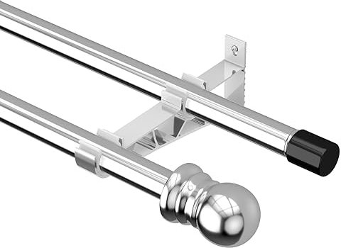 HARRMS 2 läufig Gardinenstange Silber, 76-186cm, Vorhangstange Ausziehbar Edelstahl, Gardienenstangenset Wandwontage mit Halterungen und Endstücken für Wohnzimmer Schlafzimmer