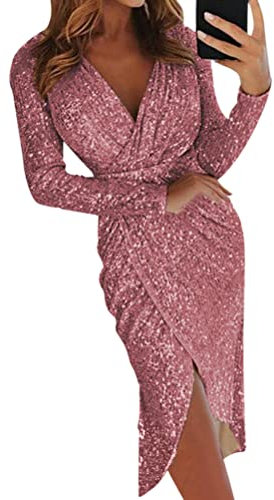 ORANDESIGNE Vestito Donna Elegante Cerimonia Midi Abito da Sera Tubino Aderente con Paillettes Casual Vintage a Matita Vestiti da Party Discoteca Feste a Rosa XS