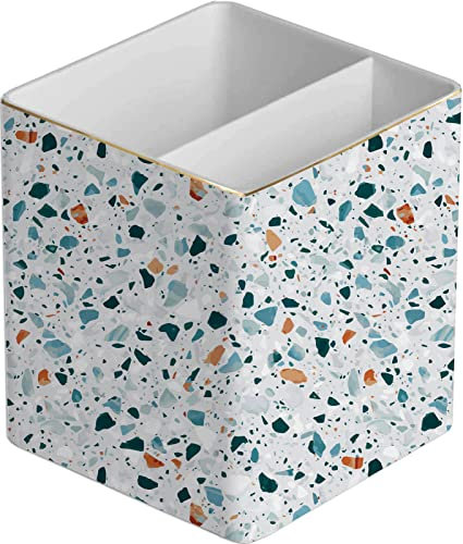 LEAZUL Stifthalter, Make-up-Pinselhalter, Keramik, 2 Fächer, Stifthalter, Gold, Terrazzo, Marmor, Frauen, Stift-Organizer, Schreibtisch-Organizer, Schreibtisch-Aufbewahrung, Stiftbehör, Blau