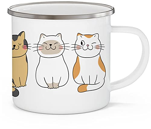 OM3® süße Emaille-Tasse mit Katzenmotiv Katze Kitten Cat Doodle | Emailletasse Emaille Becher | 12oz 300ml | Beidseitig Bedruckt | Weiß-Metall