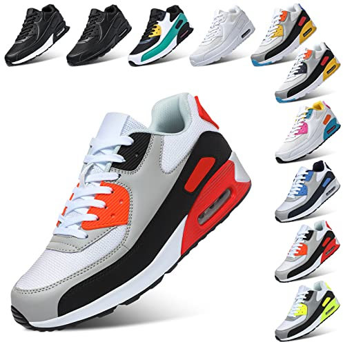 Padgene Men Women Running Shoes Sports Trainers Breathable Lightweight Sneakers Air Cushion Low Top Footwear Waking Fitness Lace up Shoes for Walking Gym Jogging Fitness Athletic Casual Black Orange