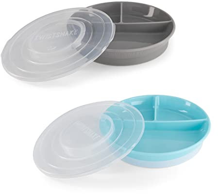 Twistshake 2X Baby Plato Dividido con Tapa Hermética | Plato Dividido Para Niños | Plato De Destete Sin Bpa | Plato De Comida | Gris Azul