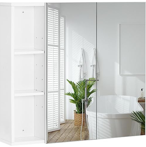 costoffs Bathroom Cabinet Mirror with Double Doors, Wall Mounted Bathroom Storage Cupboard with Mirror Adjustable Shelf 70 cm ×65 cm for Bathroom, Living Room, Laundry Room, White