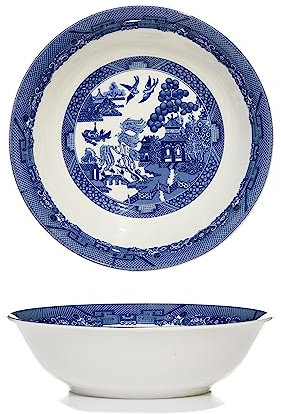 AuraHome Blue Willow Cereal Bowl 18cm 7 Inches Diameter x 5cm Height Glazed Iconic Elegant Blue-Printed Scene on White Porcelain Depicts Nature Historical Imagery Collectible
