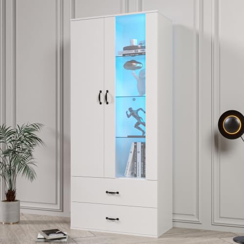 SogesHome Hochschrank Vitrine Buffetschrank Hochregal Bücherreg 16 Farben LED-beleuchtete 2 Türen 2 Schubladen mit Acryitür Standvitrine Weiße LED-Vitrine Wohnzimmer Wohnzimmer
