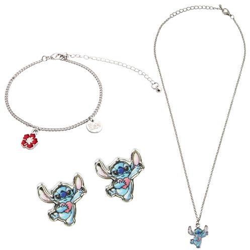 Disney Lilo und Stitch Schmuck Set Mädchen, Halskette & Armband Mädchen oder 3er-Set Ohrringe - Mädchen Geschenke (Silber Schmuckset)