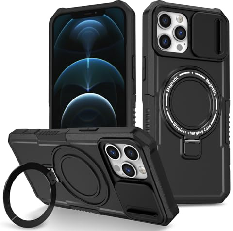 Yarxiawin Custodia per Apple iPhone 13 Pro Max, Nero Scorrevole Protezione Fotocamera per iPhone 13 Pro Max Cover Antiurto rigida Armor Case con Anello Supporto Magnetico (Nero)