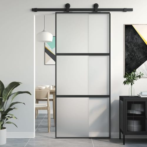 Hovothy Puerta Interior Vidrio Templado y Aluminio Negro y Mate 90x205 cm Diseño Delgado Puerta Corredera Casa Material Resistente Puerta de Granero Seguro Fácil Mantenimiento