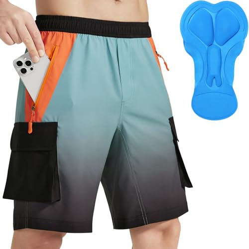 VAYAGER MTB Hose Herren Kurz Radhose, 3D Gepolstert Fahrradhose Mountainbike Fahrrad Shorts für Herren, Schnelltrocknende Outdoor Radlerhose MTB Bike Shorts(Orange/Green Gradient-S)
