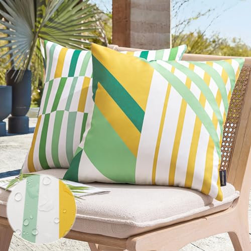 Phantoscope 2 Stück Outdoor-Kissen, wasserdicht, geometrische Streifen, Outdoor-Kissenbezüge, dekorative quadratische Terrassenkissen, Kissenbezug für Couch, Zelt, Sonnenbrella, Gelb und Grün, 45,7 x