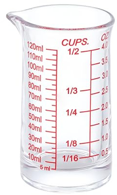 Ackers - Vaso medidor de vidrio de 4 onzas, vaso de chupito con onzas, ml, marcas de tazas para cocina y bar (línea roja)