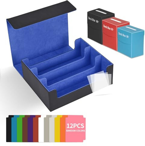 Alishomtll Storage Box for Trading Cards, Triple PU Magnetic Closure Deck Box Holds 1800+, With 3 PP Boxes 12 Dividers and 100 Sleeves, for Commander/TCG/CCG, Black & Blue