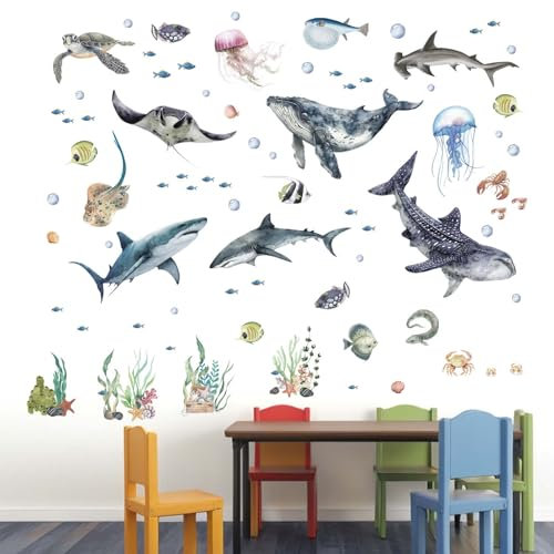 Amimagen Wandtattoos 3 Stücke unter dem Meer Wandaufkleber - Meeresthema Hai Wal Fisch Meeresschildkröte Ozean Wandsticker - Badezimmer Baby Kinderzimmer Schlafzimmer Tagespflege Wand Dekor
