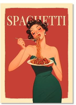 KUBAPIG Póster vintage de comida italiana, póster de mujer comiendo espaguetis, ilustración, lienzo, impresión de pasta, comida, cocina, decoración de pared (SKU2, 40 x 60 cm, sin marco)