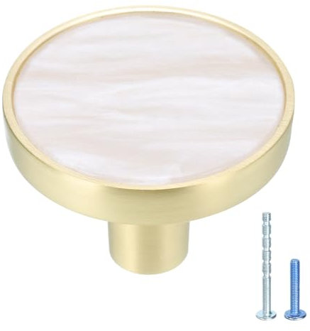 QUARKZMAN 10 pcs 1-1/4 pouce Or Cuisine Armoire Boutons avec Marbre Étagère Autocollants pour Commodes Brossé Laiton Tiroir Boutons Porte Boutons Armoire Quincaillerie