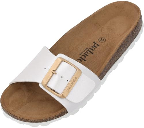 Palado Pantoletten Damen Malta EGS Metallic - bequeme Sandalen Made in Spain - Hausschuhe mit dämpfendem Kork-Fußbett - modische Sommerschuhe Weiß UK3,5 - EU36