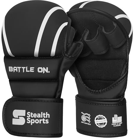Stealth Sports MMA Gloves – Open palm Martial Arts Grappling Mitts for Sparring, Punching Bag, kickboxing, karate Combat and Training – Cage fighting Box Training Gloves – Long Wrist Grip (S/M)