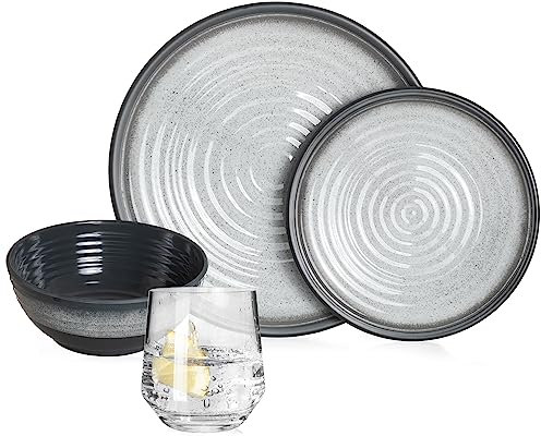Melamin Camping Geschirr Set 4 Personen Stone Grey + 4 Milano Gläser Wassergläser Tafelgeschirr Picknick BBQ Kochgeschirr