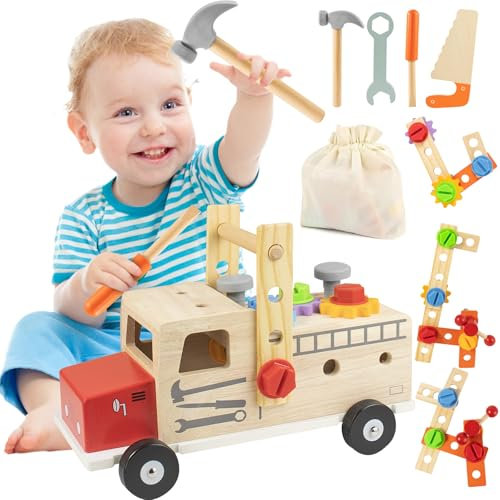 Kazaigou Wooden Kids Tool Set, 29 PCS Toy Tool Box for Toddlers Wooden Montessori Educational Pretend Play Construction Toy for 3 4 5 6 Year Old Boys Girls, Best Birthday Gift