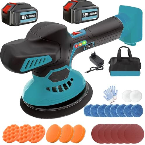 Poliermaschine Auto 6 Zoll mit 2 18v 3000mAh Akkus, 27pcs Auto poliermaschinen Set mit 6 Variablen Geschwindigkeiten, Kompatibel mit Makita 18V Akkus, für Autodetaillierung/Polieren/Wachsen