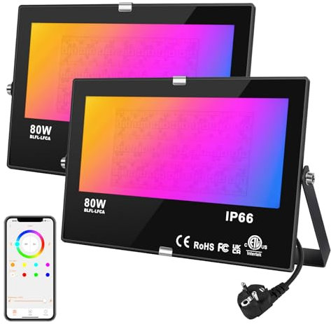 DUSKTEC LED Strahler RGB mit Stecker Dimmbar, Außenstrahler Bunt 80W 2 Stück, Outdoor LED Fluter Warmweiss 230V, Smart Flutlicht Flutlichtstrahler Bluetooth APP Steuerbar für Baum Garten Innen